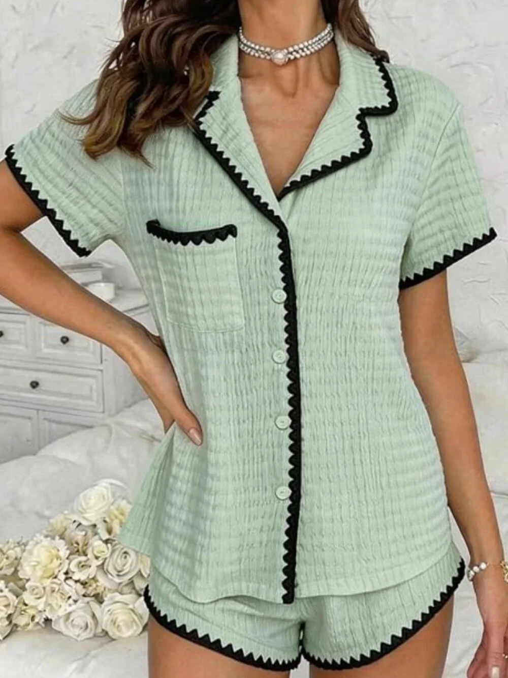 Textured Sage Green Ric-Rac Trim Short Pajama Set Medium